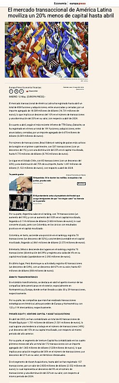 El mercado transaccional de Amrica Latina moviliza un 20% menos de capital hasta abril